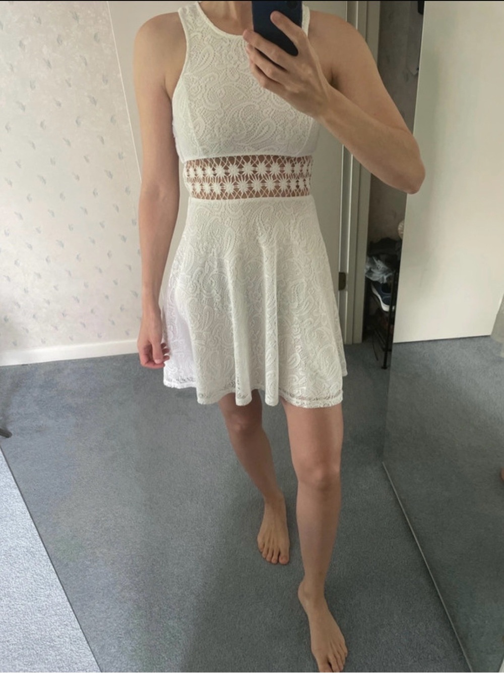 Full Tilt White Lace Sleeveless Mini Dress with Crochet Waist